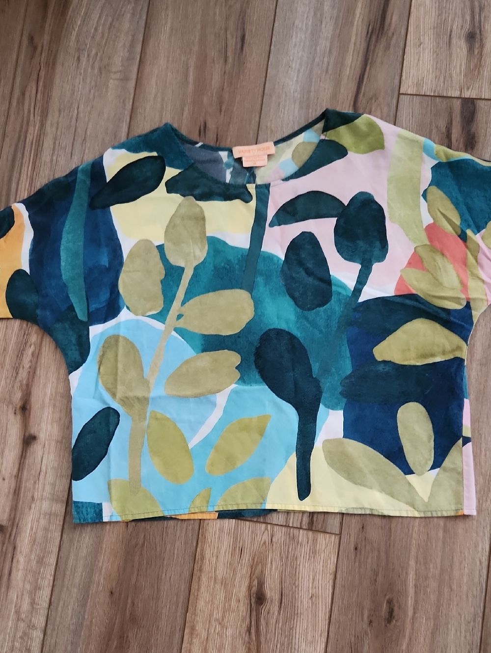 Variety Hour SILK Abstract Floral Boxy Crop Blue & Green Blouse Women's Size XS